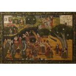 Large Vintage Indian (India), Hindu Painting on Fabric, laid down on board. This busy scene