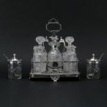 Antique English Repousse Sterling Silver 8 Glass Bottle Cruet Set with Two Matching Condiment