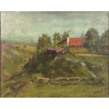 20th Century Continental School Oil on Board "Landscape with Barn" Possibly Russian. Signed Lower