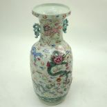 Early to Mid Century 20th Century Chinese Qing Style Handled Vase. Enamel hand painted raised dragon