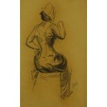 Art Deco Period Charcoal Drawing "Seated Lady on Paper" Signed Lower Right (illegible) Toning from