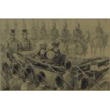 D. MacPherson Pencil, Charcoal and Heightener "Two Queens in Open Carriage" Circa 1906. Signed D.