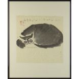 John Chen, Chinese-American (contemporary) Ink and wash on Paper, "Sleeping cat". Signed, Red Seal