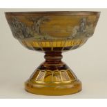 Antique Amber Colored Bohemian Cut Glass Center Bowl. Hand Painted and Continuous Transferred