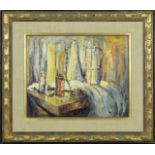 Mid 20th Century American School Oil on Masonite "Still Life with Vases". Illegibly Signed Lower