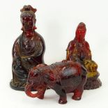 Lot of Three (3) Vintage Carved Amber Deity Figurines. Unsigned. One with restoration to head and