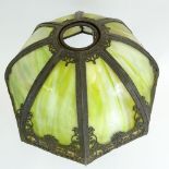 Antique Green Slag Glass Table Lamp with Metal Overlay and Bronze Base. Base Signed 4G, Shade