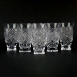 Six (6) Vintage Cut Glass Water Glasses. Unsigned. One with small chip to base and larger flake to