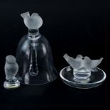 Three (3) Lalique Crystal Objects. Includes bell with bird finial, love bird ring dish, bird