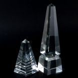 Two (2) Glass Prism Obelisks. Unsigned. Tiny flea bite chips. Measures 10" H & 5" H. Shipping $65.00