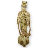 Chinese Ming Style Polychrome Carved Wood Standing Guanyin Sculpture. Natural wear to paint,