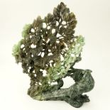 Large Early to Mid 20th Century Chinese Carved Jade Pheasant Sculpture. Openwork peony flowers