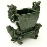 Early to Mid 20th Century Chinese Carved Jade Foo Lion Urn. Carved floral relief to front and