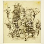 Circa 1920's European School Ink On Paper "Man Seated On Bench" Unsigned. Toning, light foxing,