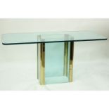 Attributed to Pace Collection. Glass and brass console/dining table. Unsigned. Light surface