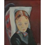 after: Edvard Munch, Norwegian (1863-1944) Oil on Panel, Portrait of a Woman. Signed EM lower right.