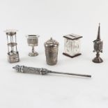 Seven (7) Piece Sterling Silver Judaica Lot. Includes: spice tower 7-1/2", spice box 5-1/4", bank