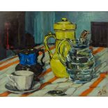 French School (20th Century) "Still Life, Tableware" Oil on Panel Signed Lower Right. Inscribed in