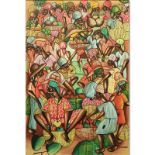 Jean Paulin, Haitian (20th Century) "Marketplace" Oil on Linen Painting Signed Lower Right. Good