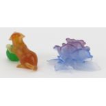 Grouping of Two (2) Daum Pate de Verre Figurines/Paperweights. Includes: blue/violet rose