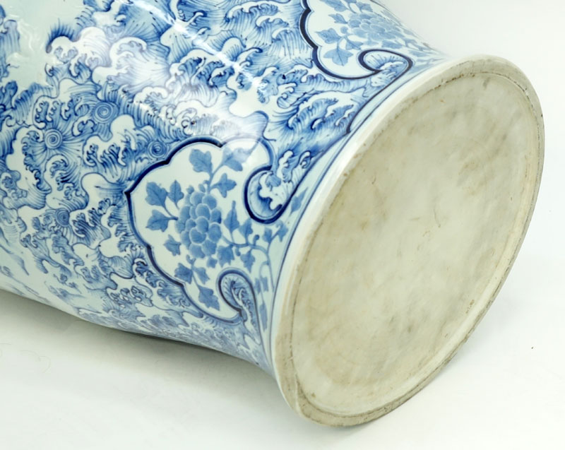 Large Pair of Matching Chinese Blue and White Porcelain Covered Urns. In a baluster form with foo - Image 3 of 3