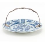 Chinese Kangxi style Blue & White Porcelain Plate With European Chased Silver Handle. Plate marked