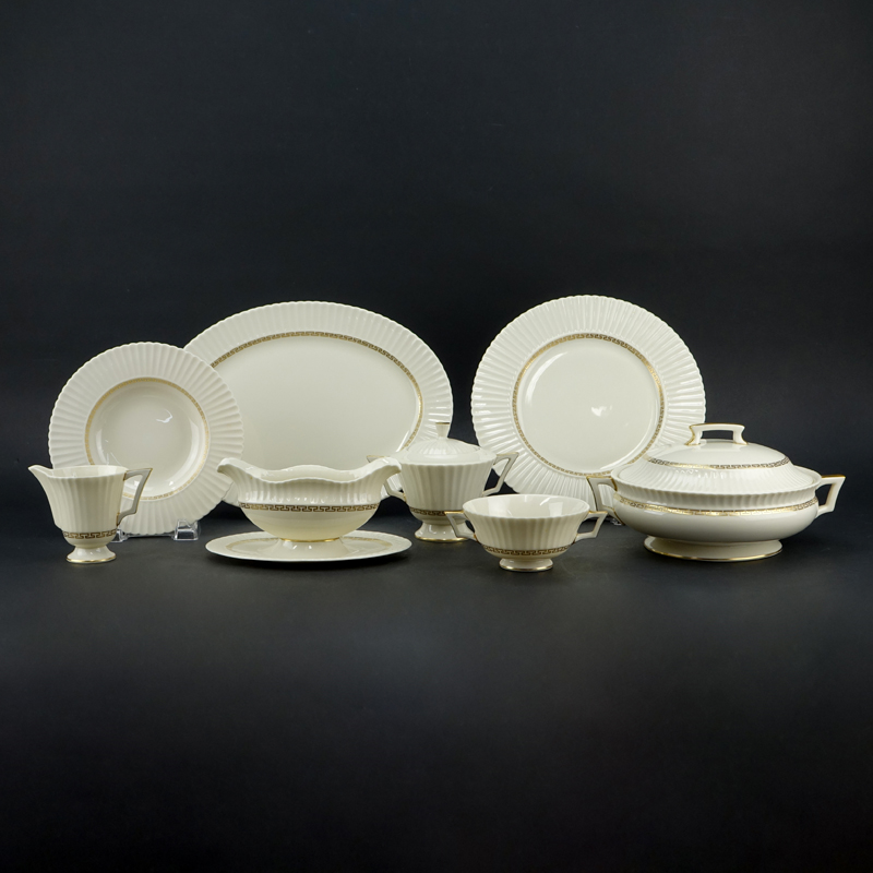 Thirty Two (32) Piece Lenox "Cretan" Porcelain Dinnerware. Includes: 8 dinner plates, 12 soup bowls,