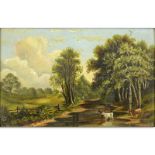 19th Century European School "Pastoral Scene" Oil on Panel. Unsigned. Normal aging to panel.