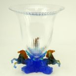 Daum Marly Blue Crystal and Pate de Verre Centerpiece Vase in Original Fitted Box. Signed "Daum