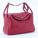 Hermes Rouge Casaque Lindy 34 Clemence Bag. Palladium hardware, leather interior with 2 side