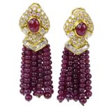 Very Fine Quality Bulgari style Burma Ruby, Diamond and 18 Karat Yellow Gold Tassel Earrings.