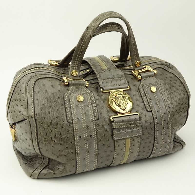 Gucci Grey Ostrich Aviatrix Boston Travel Bag. Double zipper closure, one interior zip pocket, two