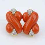 Vintage Italian 18 Karat Yellow Gold, Carved Red Coral and Pave Set Diamond Knot style Earrings.