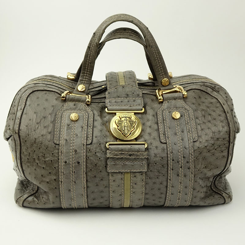 Gucci Grey Ostrich Aviatrix Boston Travel Bag. Double zipper closure, one interior zip pocket, two - Image 2 of 6