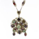 Antique Austro-Hungarian Emerald, Garnet, Pearl and Low Grade Silver Pendant Necklace. Unsigned.