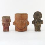 Three (3) Pre Columbian or Later Inca Pottery Figures. Includes: blackware deity figure,