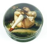 Erotic Russian Lacquer Three Part Circular Form Papier Mache Box. 20th century. Each lid features