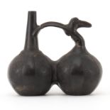 Pre Columbian or Later Chimu Inca Blackware Pottery Whistling Vase. Double gourd form vase with