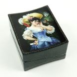 Erotic Russian Lacquer Papier Mache Box. 20th century. Depicts a portrait scene to top and a