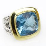 David Yurman Cushion Cut Blue Topaz, 18 Karat Yellow Gold and Sterling Silver Cable Wire Cocktail