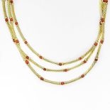 David Yurman 14 Karat Yellow Gold and Red Coral Bead Triple Cable Strand Necklace. Signed D.Y 585.