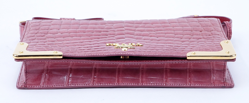 Prada Limited Edition Pink Crocodile Clutch. Gold tone hardware. Leather interior with zipper - Image 3 of 10