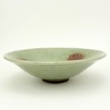 Chinese Possibly Song Dynasty Celadon With Red Splash Crackle Glaze Pottery Bowl. Signed. Hairline
