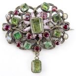 Antique Austro-Hungarian Emerald, Garnet, Pearl, Enamel and Low Grade Silver Brooch. Unsigned.