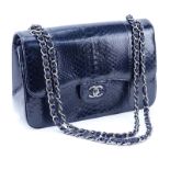 Chanel Dark Navy Python Jumbo Classic Double Flap Shoulder Bag. Includes original box, duster,