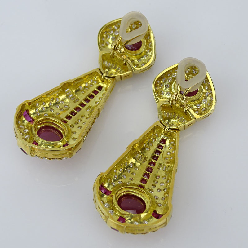 Very Fine Quality Burma Ruby, Diamond and 18 Karat Yellow Gold Pendant Earrings. Excellent quality - Image 2 of 3