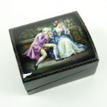 Erotic Russian Lacquer Papier Mache Box. 20th century. Depicts a Edwardian style courting scene to