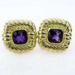 David Yurman Approx. 8.0 Carat Cushion Cut Amethyst and 14 Karat Yellow Gold Earrings. Signed D.