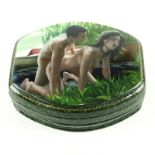 Erotic Russian Lacquer Three Part Papier Mache Box. 20th century. Each lid features a different