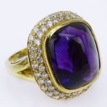 H Stern Sugarloaf Cabochon Amethyst, Pave Set Diamond and 18 Karat Yellow Gold Ring. Amethyst with